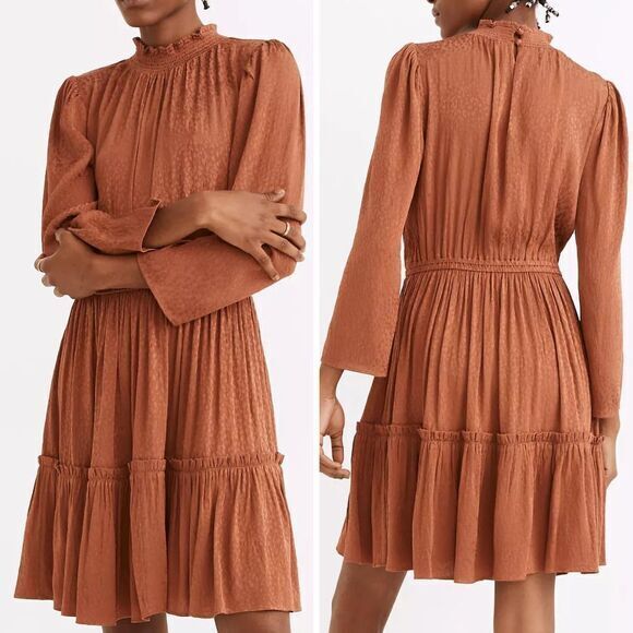NEW Madewell Mockneck Ruffle-Hem Mini Dress in Cheetah Jacquard, XL - Picture 1 of 16